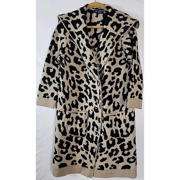 Nina Leonard Cardigan Duster Sweater L Black Tan Leopard Print Soft Oversized - Picture 2 of 11